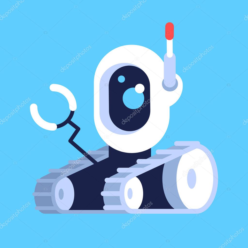 Robotic tracked car flat vector illustration. Droid vehicle with manipulator on remote control. Cybernetic assistant. Smart android device. Isolated cartoon toy on blue background