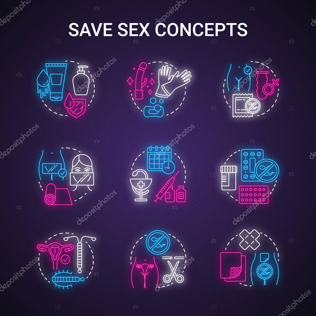 Safe sex neon light concept icons set. Female condom, oral contraceptive. Clean sex toys. Vaccination, sterilisation for healthy relationship idea. Glowing vector isolated illustration