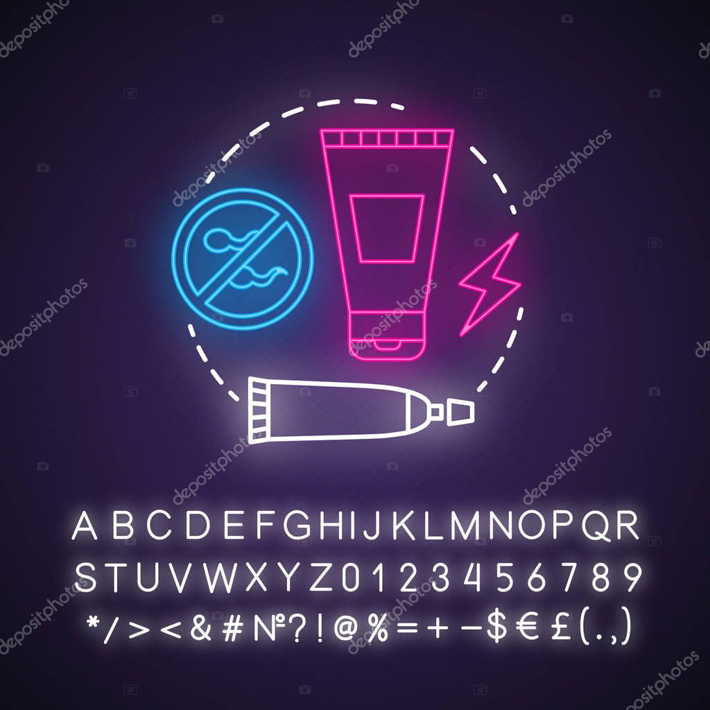 Spermicide neon light concept icon. Safe sex concept. Reproduction, birth control. Male sexlife. Lubricant tube idea. Glowing sign with alphabet, numbers and symbols. Vector isolated illustration