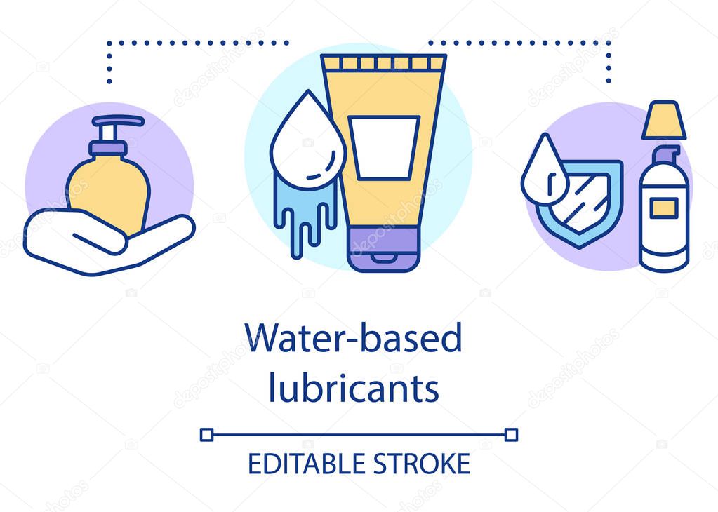 Water based lubricants concept icon. Moistening agent for human sexual acts. Lube for coitus. Moisturizing cosmetics idea thin line illustration. Vector isolated outline drawing. Editable stroke