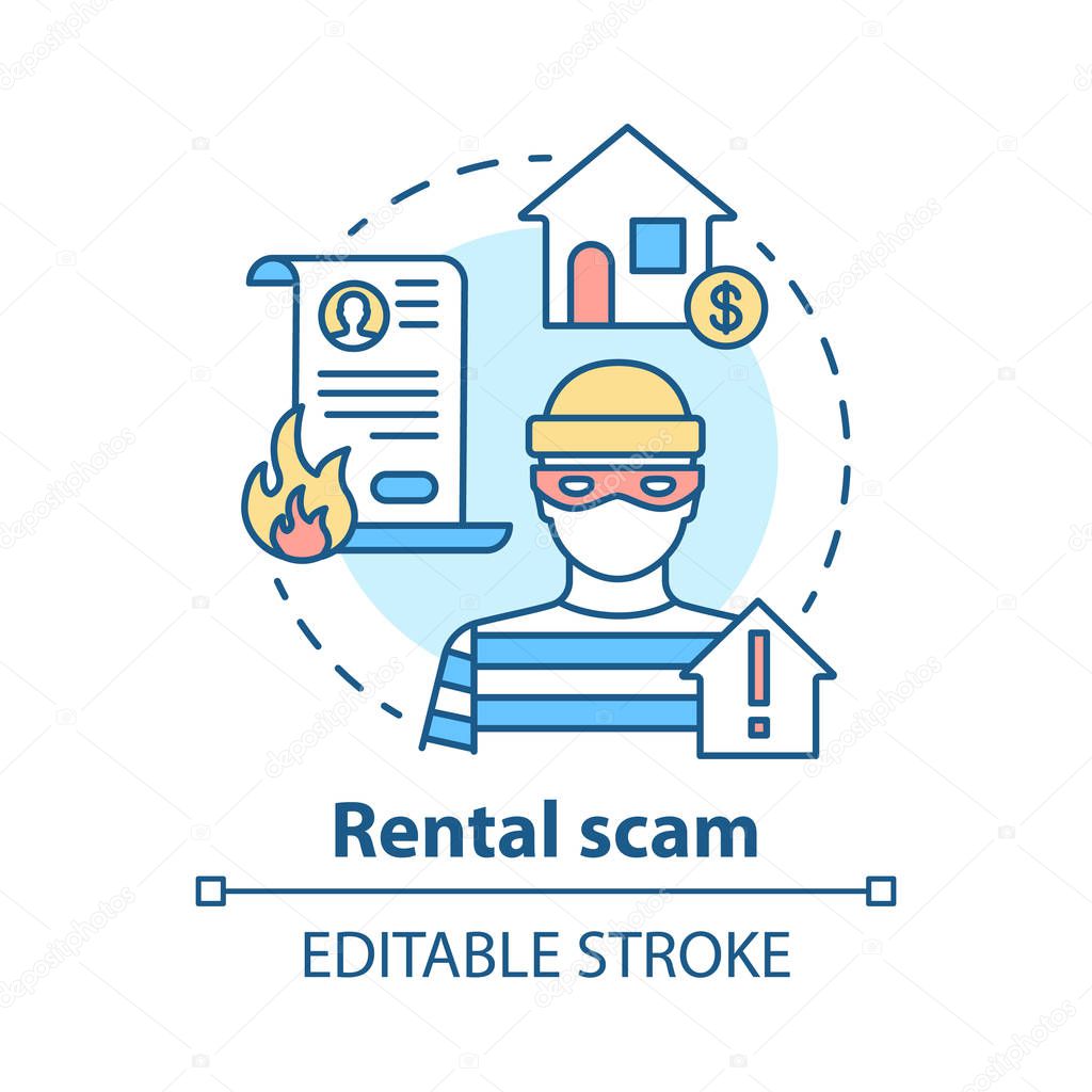 Rental scam concept icon. Housing fraud. Fake house for rent. Leasing swindle. Home buying, mortgage criminal scheme idea thin line illustration. Vector isolated outline drawing. Editable stroke