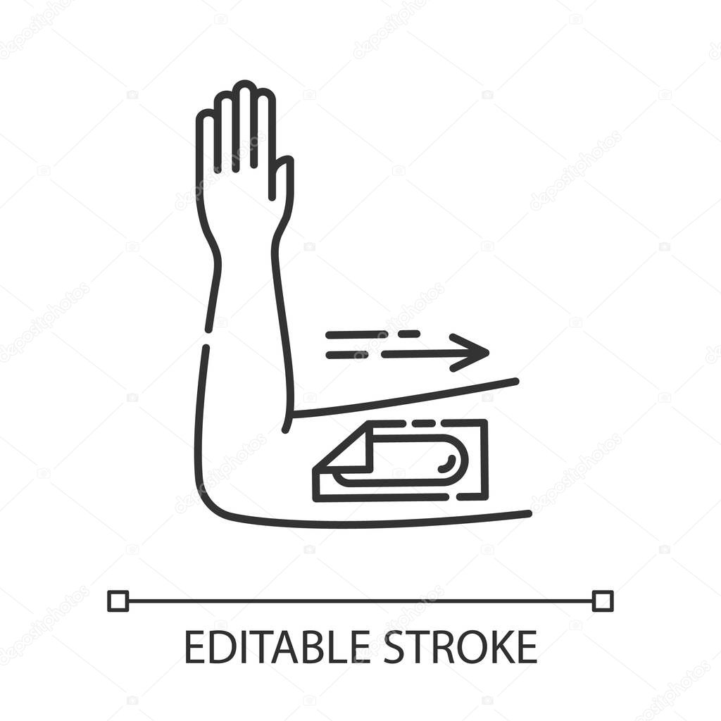 Arm waxing linear icon. Female body hair removal procedure. Depilation with natural soft, cold wax strip. PThin line illustration. Contour symbol. Vector isolated outline drawing. Editable stroke