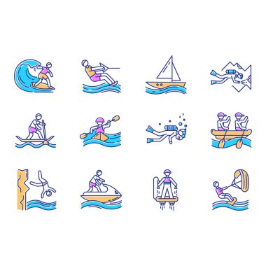 Watersports color icons set. Cave diving, kiteboarding, flyboarding and jet skiing. Cliff jumping and paddle surfing. Watercraft and extreme kinds of sport. Isolated vector illustrations clipart
