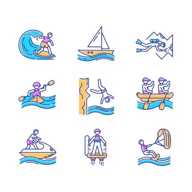 Watersports color icons set. Cave diving, surfing, flyboarding and sailing. Cliff diving, kayaking and windsurfing. Extreme kinds of sports. Summer beach activities. Isolated vector illustrations clipart