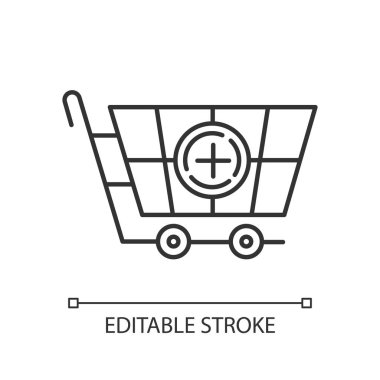 Alışveriş arabası lineer ikonu. Ürünleri sepete ekliyorum. Ticari mallar ve tüketim. Sipariş servisi. İnce çizgili çizim. Contour sembolü. Vektör izole çizim. Düzenlenebilir vuruş
