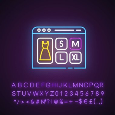 Elbise boyutu neon ışıklı ikon seçin. İnternetteki mağaza. İnternetten mal alıp sipariş etmek. E ticaret. Giysi ölçüsü. Alfabeyle, sayılarla, sembollerle parlayan bir işaret. Vektör izole illüstrasyonu