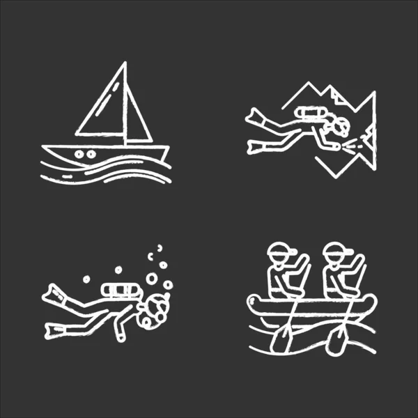 Watersports Chalk Icons Set Cave Diving Sailing Rafting Extreme Kinds — Stock Vector