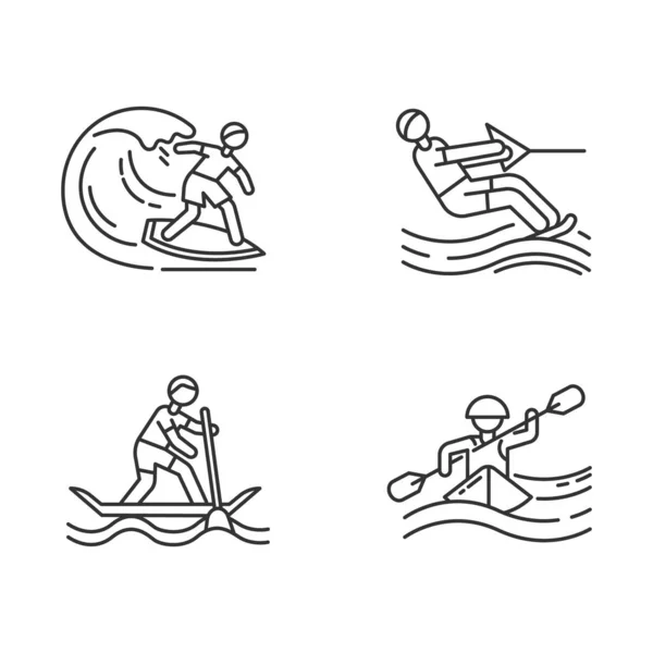 Juego Iconos Lineales Para Deportes Acuáticos Surf Esquí Acuático Rafting — Vector de stock