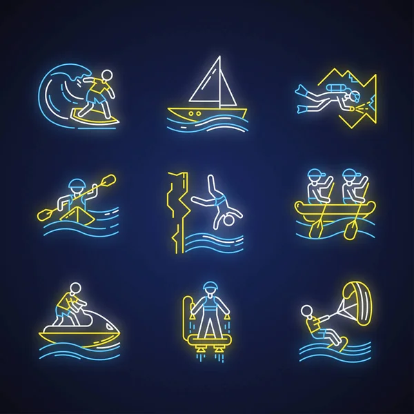 Watersports neon light icons set. Glowing signs. Cave diving, surfing, flyboarding and sailing. Cliff diving, kayaking and windsurfing. Extreme kinds of sports. Vector isolated illustrations