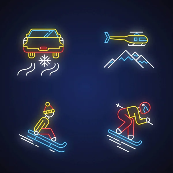 极冬活动霓虹灯设定 冒险的运动爱好 寒冷季节户外休闲和娱乐 开冰块 发光的标志 病媒孤立的说明 — 图库矢量图片