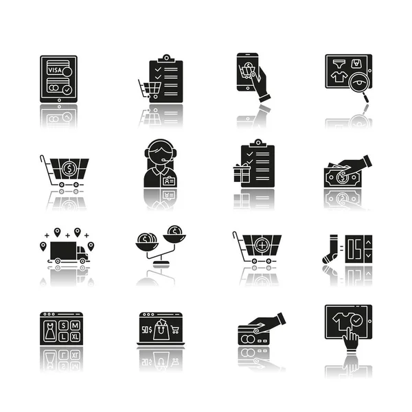 Compra Bienes Línea Gota Sombra Negro Iconos Glifo Conjunto Búsqueda — Archivo Imágenes Vectoriales