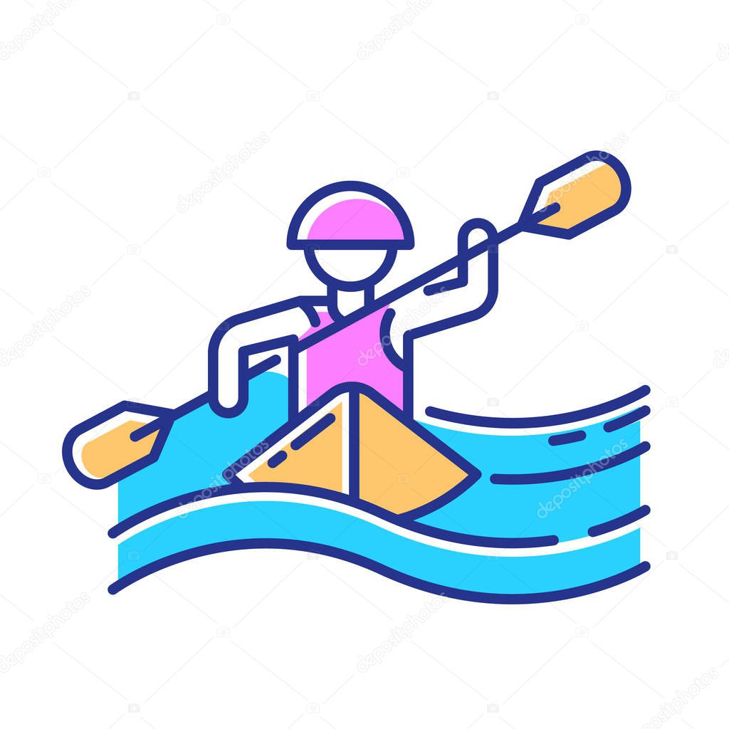 Kayaking color icon. Canoeing watersport, extreme underwater kind of sport. Recreational outdoor activity and hobby. Risky and adventurous leisure on boat with puddle. Isolated vector illustration