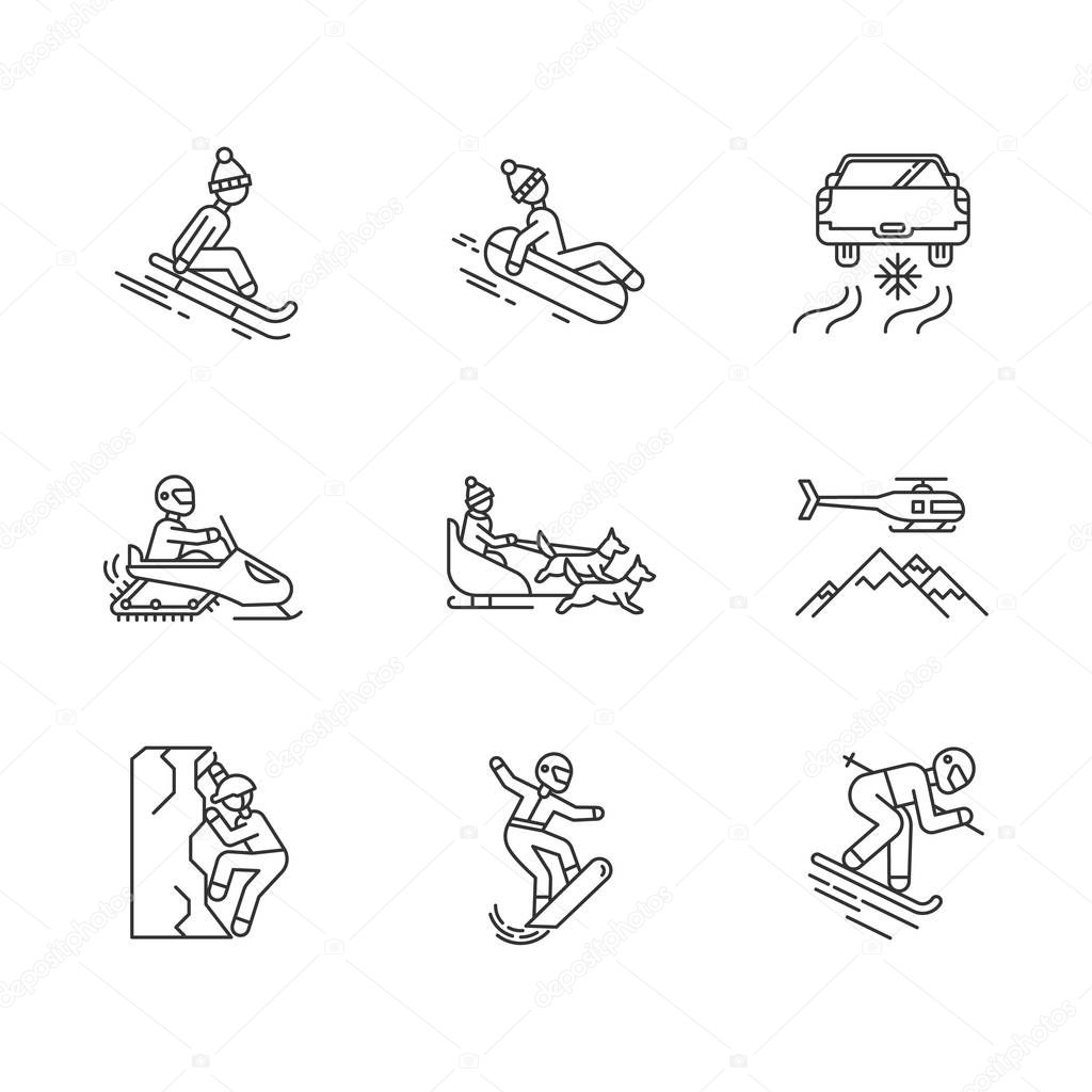 Extreme winter activity linear icons set. Risky sport, adventure. Snowmobiling, ice climbing, sledding, snow tubing. Thin line contour symbols. Isolated vector outline illustrations. Editable stroke