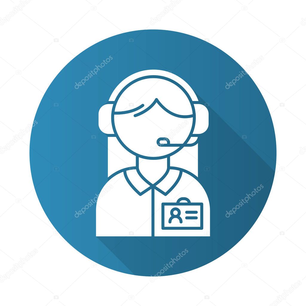 Consultant help blue flat design long shadow glyph icon. Call center manager in headset. Phone dispatcher, customer support operator. Helpline and telemarketing. Vector silhouette illustration