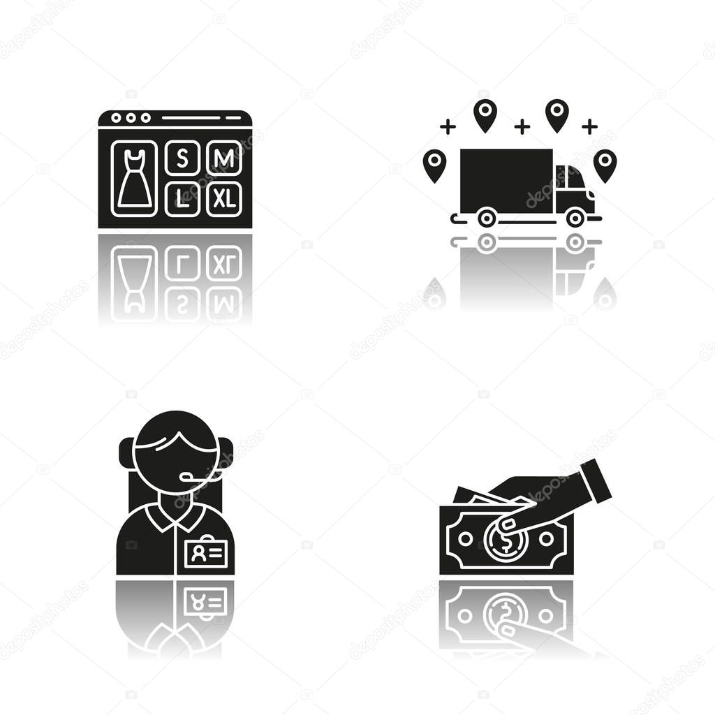 Digital commerce drop shadow black glyph icons set. Online shopping. Ordering delivery and payment by cash. Customer service assistance. Online store application. Isolated vector illustrations