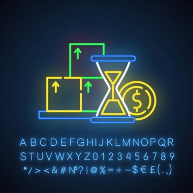 Bütçe artışı grafik neon ışığı simgesi. Zamanla artan faiz oranı. Akıllı yatırım bilgileri. Kredi geri sayımı. Alfabe, sayılar ve sembollerle parlayan işaret. Vektör izole illüstrasyonu