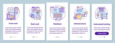 Çizgisel kavramları olan mobil uygulama sayfası ekranında ön uç, arka uç geliştirme. Veritabanı tarama adımları grafik talimatlar. Ux, Ui, resimli Gui vektör şablonu