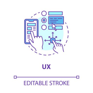 Ux konsepti simgesi. Yazılım geliştirme araçları ince çizgi çizimi fikri. Daha iyi kullanıcı deneyimi için grafik arayüzü. Mobil cihaz uygulaması programlama. Vektör izole çizim. Düzenlenebilir vuruş