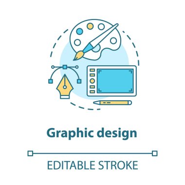 Grafik tasarım konsepti simgesi. Mobil cihaz uygulaması dijital arayüz geliştirme fikri ince çizgi çizimi. Yaratıcı görsel içerik. Vektör izole çizim. Düzenlenebilir vuruş
