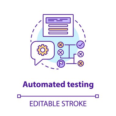 Otomatik test konsepti simgesi. Yazılım geliştirme araçları ince çizgi çizimi fikri. Mobil cihaz programlama ve kodlama. Proje yönetimi. Vektör izole çizim. Düzenlenebilir vuruş