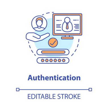 Kimlik doğrulama konsepti simgesi. Kullanıcı yetkisi, giriş. Şifreli gizlilik koruması. Siber güvenlik sistemi fikri ince çizgi çizimi. Vektör izole çizim. Düzenlenebilir vuruş