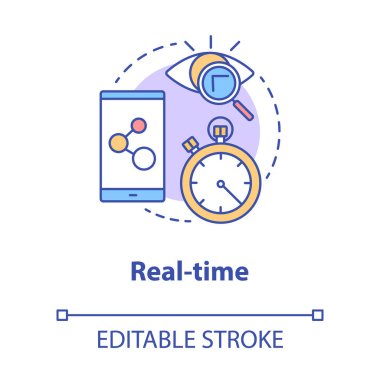 Gerçek zamanlı konsept ikonu. Yazılım geliştirme araçları ince çizgi çizimi fikri. Mobil cihaz programlama ve kodlama. Başvuru yönetimi. Vektör izole çizim. Düzenlenebilir vuruş