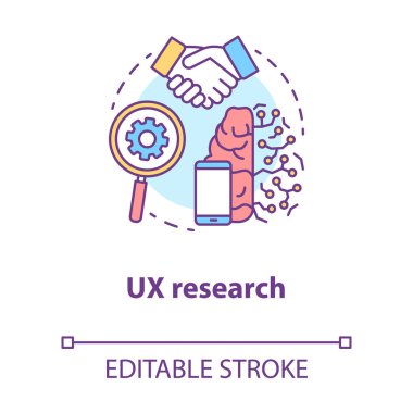 Ux araştırma konsepti ikonu. Yazılım geliştirme fikri ince çizgi çizimi. Kullanıcılardan bilgi topluyorum. Yansıtıyor. Servis orkestrasyonu. Vektör izole çizim. Düzenlenebilir vuruş