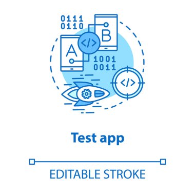 Test uygulaması konsepti simgesi. Yazılım geliştirme süreci fikri ince çizgi çizimi. Mobil aygıt uygulaması programlama araçları. Yansıtıyor. Vektör izole çizim. Düzenlenebilir vuruş