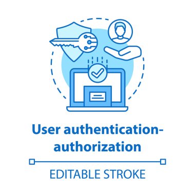 Kullanıcı kimlik doğrulama konsepti simgesi. Yazılım geliştirme kiti fikri ince çizgi çizimi. Veri şifreleme. Mahremiyet koruması. Vektör izole çizim. Düzenlenebilir vuruş