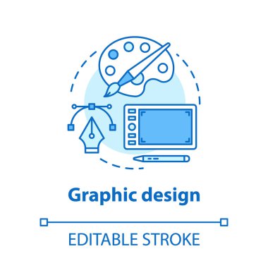 Grafik tasarım konsepti simgesi. Mobil cihaz uygulaması dijital arayüz geliştirme fikri ince çizgi çizimi. Yaratıcı görsel içerik. Vektör izole çizim. Düzenlenebilir vuruş