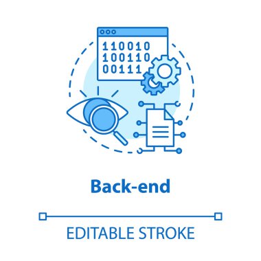 Arka uç konsept simgesi. Yazılım geliştirme kiti fikri ince çizgi çizimi. Servis orkestrasyonu. Programlama ve kodlama. Yansıtıyor. Dijital veri. Vektör izole çizim. Düzenlenebilir vuruş