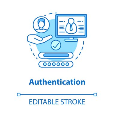 Kimlik doğrulama konsepti simgesi. Kullanıcı yetkisi, giriş. Şifreli gizlilik koruması. Siber güvenlik sistemi fikri ince çizgi çizimi. Vektör izole çizim. Düzenlenebilir vuruş