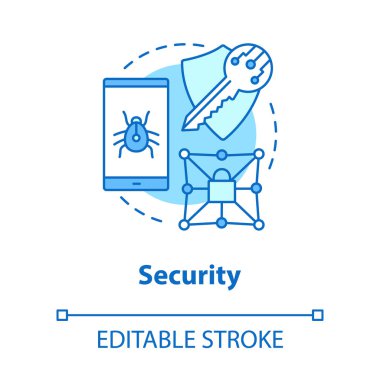 Güvenlik konsepti ikonu. Veri şifreleme fikri ince çizgi çizimi. Mobil cihaz kodlaması. Gizlilik koruması, siber güvenlik. Kimlik tespiti hatası. Vektör izole çizim. Düzenlenebilir vuruş