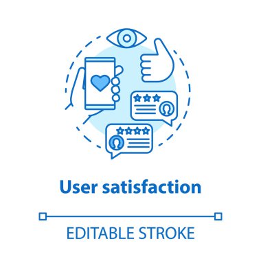 Kullanıcı memnuniyeti konsept simgesi. Uygulama derecesi. Sosyal medya yorumları. İçerik paylaşım fikri ince çizgi çizimi. Müşteri geri bildirimi. Vektör izole çizim. Düzenlenebilir vuruş