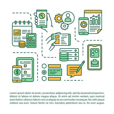 Mobile device software development article page vector template. App programming process. Brochure, magazine, booklet design element with linear icons. Print design. Concept illustrations with text