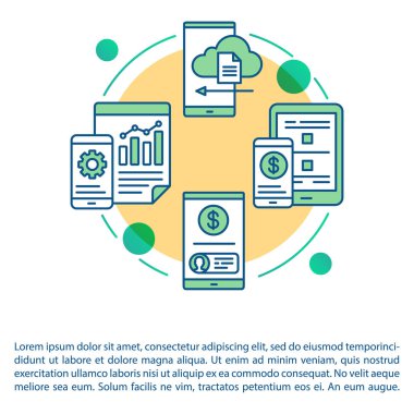 Mobile device online payment article page vector template. Internet banking app. Brochure, magazine, booklet design element with linear icons. Print design. Concept illustrations with text