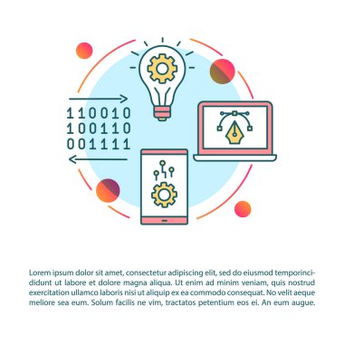 Mobil aygıtlar yazılım makalesi sayfa vektör şablonu. Uygulama kodlaması. Servis orkestrasyonu. Broşür, dergi, doğrusal simgeli kitapçık tasarımı öğesi. Yazdırma tasarımı. İllüstrasyonları metinle kavra