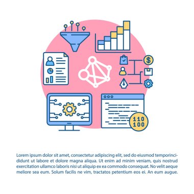 Yazılım geliştirme makalesi sayfa vektör şablonu. Mobil cihaz uygulama programlama süreci. Broşür, dergi, doğrusal simgeli kitapçık tasarımı öğesi. Yazdırma tasarımı. İllüstrasyonları metinle kavra