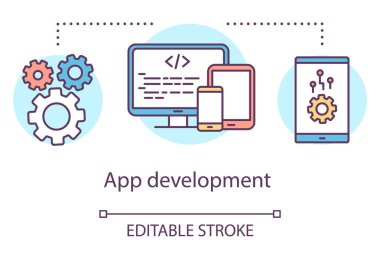 Uygulama geliştirme konsepti simgesi. Mobil cihaz yazılım programlama araç takımı fikri ince çizgi çizimi. Uygulama performans yönetimi. Vektör izole çizim. Düzenlenebilir vuruş