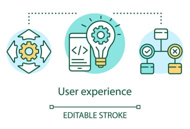 Kullanıcı deneyimi konsept simgesi. Yazılım programlama fikri ince çizgi çizimi. Uygulama performans yönetimi. Kullanıcı arayüzü tasarımı. Vektör izole çizim. Düzenlenebilir vuruş