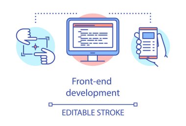 Ön-yüz geliştirme konsepti ikonu. Yazılım programlama fikri ince çizgi çizimi. Başvuru performansı. Web sitesi için geliştirme. Vektör izole çizim. Düzenlenebilir vuruş