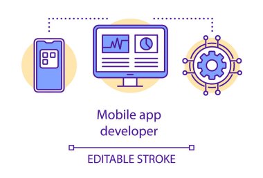 Mobil uygulama geliştirici konsepti simgesi. Yazılım programlama fikri ince çizgi çizimi. Başvuru performansı. Taşınabilir cihazlar için geliştirme. Vektör izole çizim. Düzenlenebilir vuruş