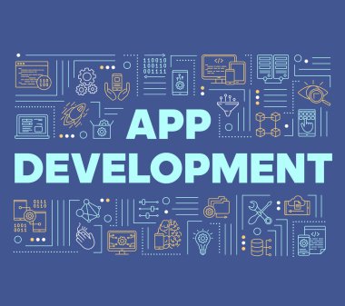 Uygulama geliştirme kelimesi afişi kavramlaştırır. Bilgisayar programlama dili. Mobil yazılım kodlaması. Sunum, web sitesi. Doğrusal simgelerle izole edilmiş tipografi fikri. Vektör özet çizimi