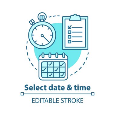 Select date and time concept icon. Choose day, hour thin line illustration. Making reservation. Time management, scheduling. Calendar, stopwatch. Vector isolated outline drawing. Editable stroke clipart