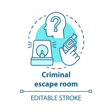 Suçlu kaçış odası konsepti ikonu. Suç temalı araştırma fikri ince çizgi çizimi. Soruşturma stratejisi oyunu. Gizemi çözen dedektif, dava, cinayet. Vektör izole çizim. Düzenlenebilir vuruş