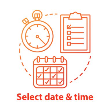 Select date, time red gradient concept icon. Choose day, hour thin line illustration. Making reservation, booking. Time management, scheduling. Calendar, stopwatch. Vector isolated outline drawing clipart