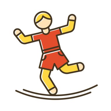 Slacklining color icon. Balance training. Slack rope walking. Tightrope walker. Person balancing on suspended webbing. Extreme sport. Isolated vector illustration