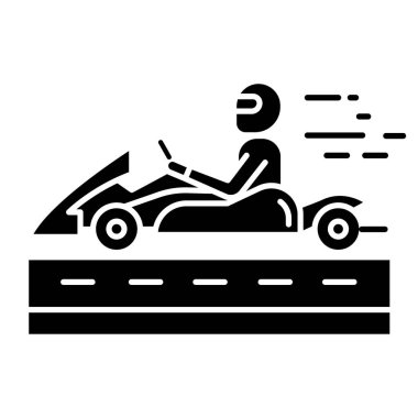 Kart yarış sembolü. Kartlı araçtaki adam yolda. Açık teker motor sporu. Eğlence amaçlı go-kart. Olağanüstü bir spor. Siluet sembolü. Boşluk yok. Vektör izole illüstrasyonu