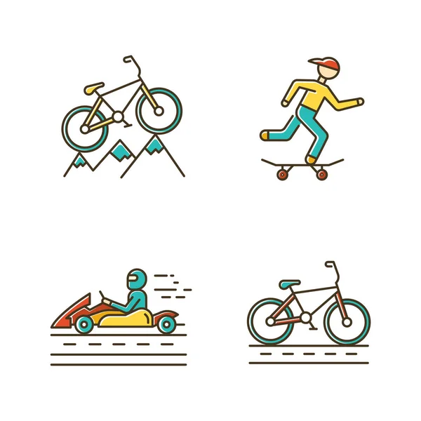 Extreme sports color icons set. Mountain cycling. Cross-country, downhill biking. Skateboarding. Karting, open-wheel motorsport. Cycling, bicycle racing. Isolated vector illustrations