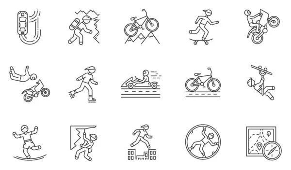 Extreme Sports Linear Icons Set Mountaineering Spelunking Cycling Rollerskating Motorsport — Stock Vector